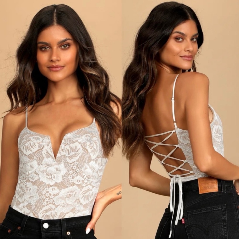 Lulus Flirty Touch White Lace-Up Lace Bodysuit